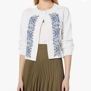 Nanette Lepore White Embroidered Linen Cropped Jacket